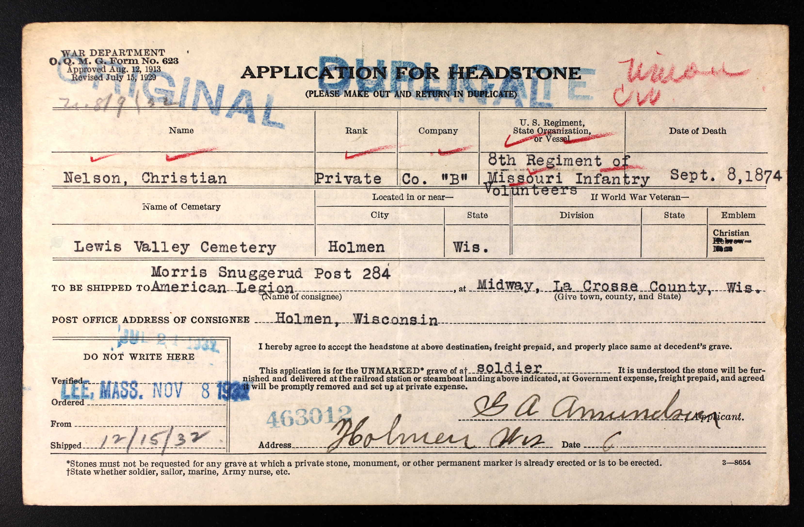 Christian Nelson Headstone Request